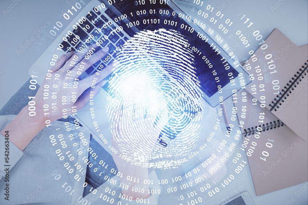 Poster Double exposure of woman hands working on computer and fingerprint hologram drawing. Top View. Digital Security concept.