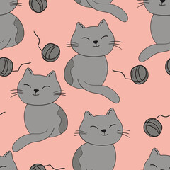 Seamless pattern with cute kitten print. Different scandy cats on color background. Scandinavian style illustration for kids. Vector illustration for fabric, textile, wallpaper, home clothing, pajama
