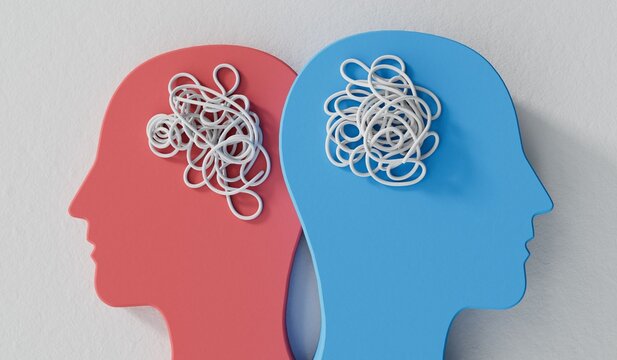 Relationship issues. two heads with complex tangled brain. 3D Rendering