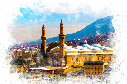 Bursa Grand Mosque in Turkey. Ulu Mosque. Ottoman Empire Mosque. Water color effect mosque.