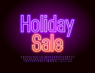 Fototapeta na wymiar Vector promo banner Holiday Sale. Violet Light Font. Bright neon Alphabet Letters and Numbers set