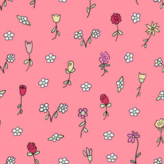Cute seamless pattern with hand painted flowers on pink background. - 542664610