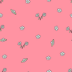 Cute seamless pattern with tiny flowers in white and green on pink background. - 542664619