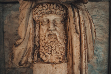 Athens, Greece - 2022: Carved, bearded term head thought to be that of Zeus, King of the Gods, the...
