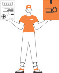 A man holds a parcel and a check in his hands. Parcel delivery concept. Linear style. Isolated on white background. Vector illustration.