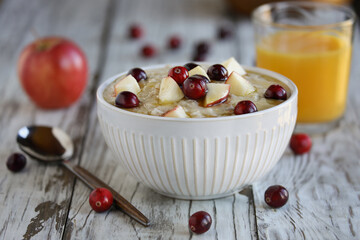 Homemade hot bowl of creamy whole grain oatmeal with fresh apples and whole cranberries. Selective focus with blurred foreground and background.