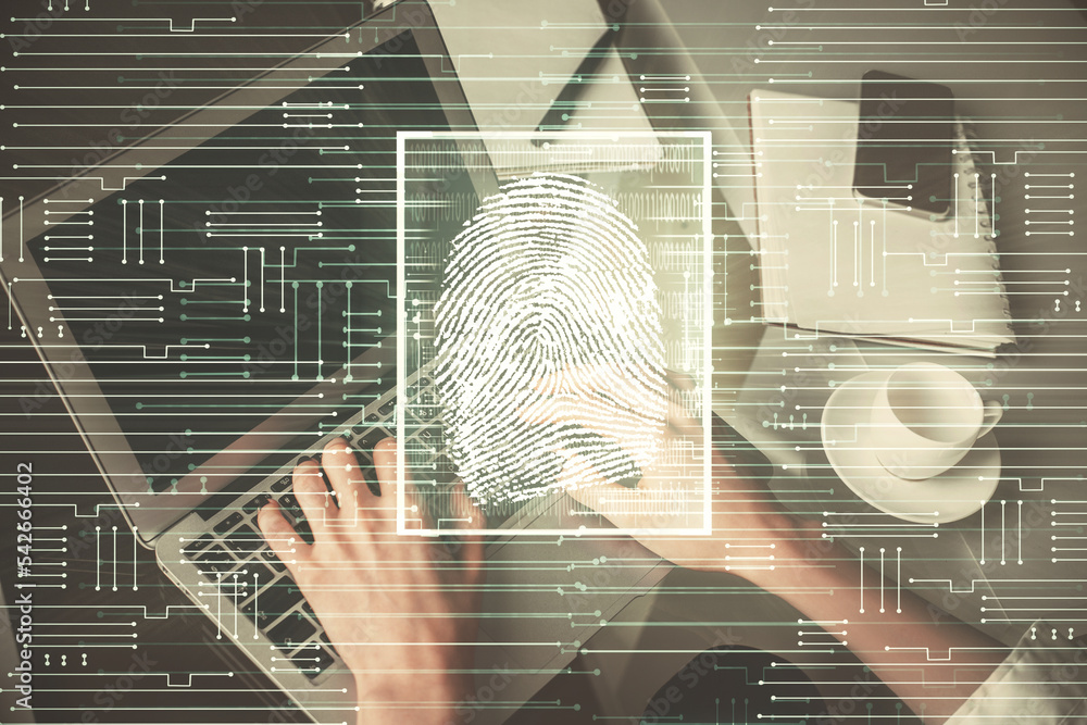 Poster double exposure of woman hands typing on computer and fingerprint drawing. security concept.