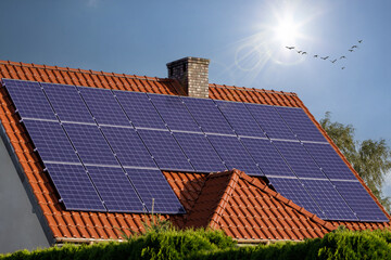 Roof of the house with installed system of blue solar panels. Electricity from the sun. An...