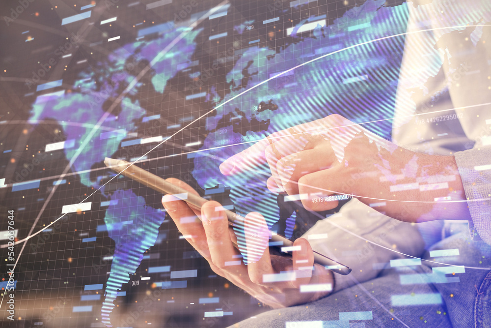 Aufkleber Multi exposure of man's hand holding and using a digital device and data theme drawing. Innovation concept.