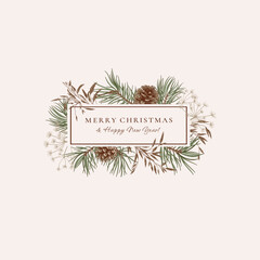 Holiday card with rectangle frame with pines branches and cones. Winter background with dried grasses. Vector illustration. Natural tones. Engraving style.
