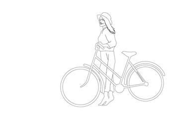 Fototapeta na wymiar Single continuous line drawing of young agile woman cyclist raise her hands up upon the air. Sport lifestyle concept. Trendy one line draw design illustration for cycling race promotion media.