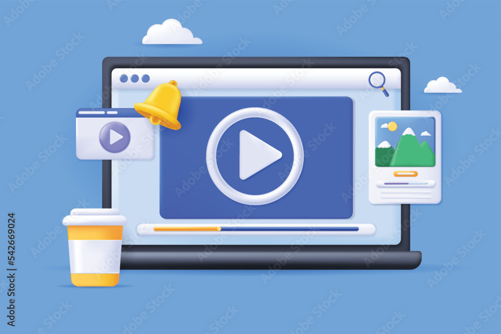 Aufkleber realistic concept of video player scene without people in 3d cartoon style. image of a laptop being 