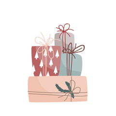 Pile of Christmas presents in pastel colors. Modern winter season poster, brochure, wall art design. Christmas greeting card. Vector illustration