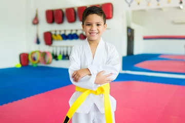Fototapeten Cheerful kid enjoying learning martial arts © AntonioDiaz