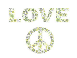 Pacific and word Love of doodle flowers and leaves. Hippie word LOVE. Isolated