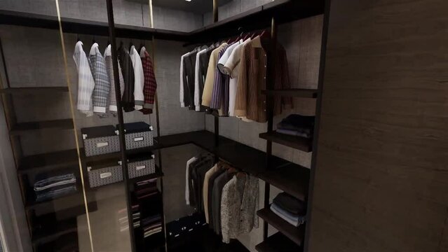 3d visualization walkthrough of closet and wardrobe. Architectural design sample for closet and wardrobe.