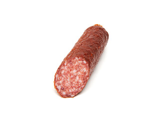 Pork and venison salami smoked, matured sausage isolated on white background