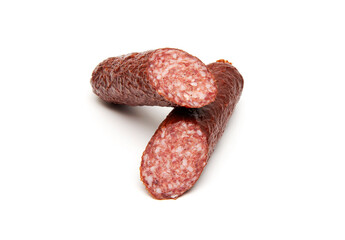 Pork and venison salami smoked, matured sausage isolated on white background