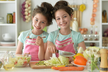 Portrait of a beautiful girls preparing a salad 