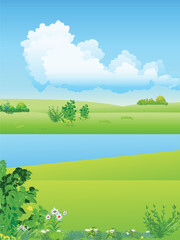 Obraz premium River in the summer. Beautiful landscape with blue sky and clouds in the background. Vector illustration.