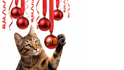 Merry Christmas and Happy New Year. Striped cat touches Christmas balls with its paw