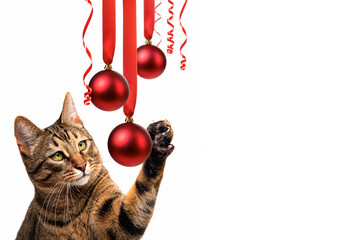 Merry Christmas and Happy New Year. Striped cat touches Christmas balls with its paw