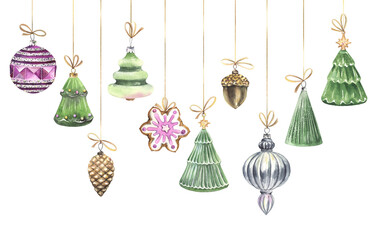 Set of Christmas pendants with golden pine cone, acorn, glazed cookie, christmas balls and various Christmas trees. Watercolor illustration isolated on white background for card or your design. - 542671621
