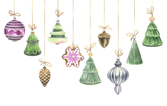 Set of Christmas pendants with golden pine cone, acorn, glazed cookie, christmas balls and various Christmas trees. Watercolor illustration isolated on white background for card or your design.