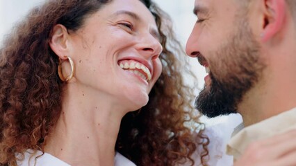 Love, couple and care with a couple smile, bonding and loving in her home with romance and affection. Marriage woman and happy man sharing an intimate and romantic moment together in their house