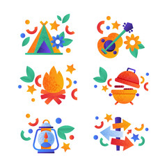 Fototapeta premium Summer Camping and Vacation with Tourism and Hiking Object Vector Set