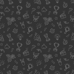 Quiz seamless pattern in doodle style, vector illustration. Back to school concept, stationery symbols on a white background. Pattern hand drawn for print and game quiz
