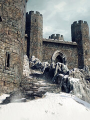 Stairs to a medieval castle covered with snow. 3D render.