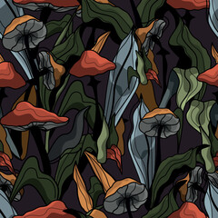 Seamless mushroom pattern. Porcini mushrooms, chanterelles, champignons, fly agarics. A set of ingredients for a witch's potion. Cartoon style. Design for textiles.