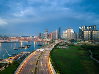 Aerial view of Singapore business district and city at twilight in Singapore, Asia