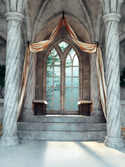 Beautifully ornamented fantasy window with curtains. 3D render.