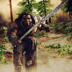 Fantasy dwarf warrior with a long rusty sword. 3D render - the man in the image is a 3D object.