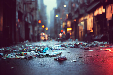 garbage on the road in the city. dirty street. plastic and bottles. 3d image illustration