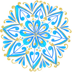 Christmas snowflake watercolor element in floral shape. Hand drawn xmas snowflake. Cute gold and blue snowflake.