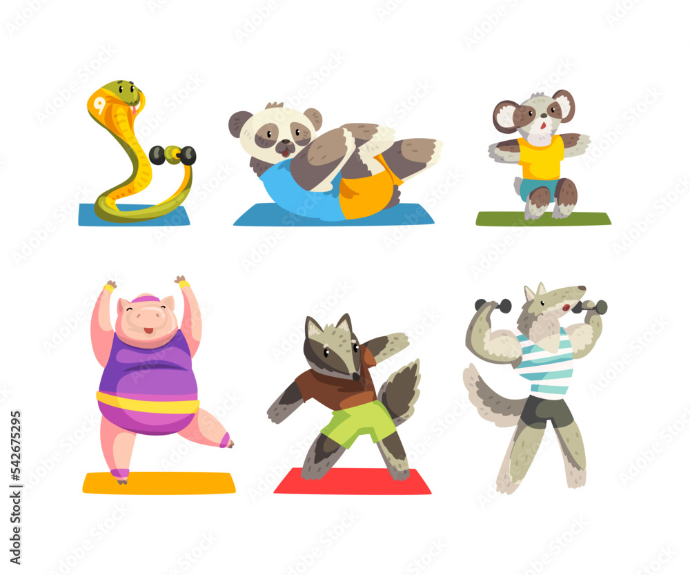 Wall mural Sportive Animals Wearing Uniform Doing Physical Exercises Using Sport Equipment Vector Set