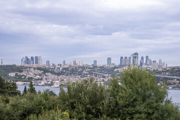 Fototapeta na wymiar Wide-angle Istanbul Bosphorus and urban view from Nakkastepe National Garden, Trees and cloudy weather, Istanbul tourism banner, Istanbul lanscape, skyscraper and buildings