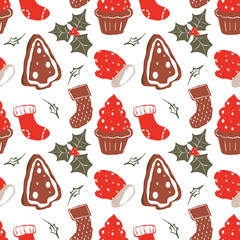 seamless pattern with gingerbread tree,cupcakes. Red Christmas pattern