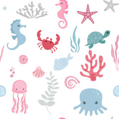 cute undersea animals, cartoon style childish seamless pattern