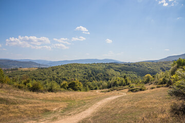 Path in the village in mountains landscape. The village of Polyana in the Carpathian Mountains. Beautiful summer landscape and path in the mountains