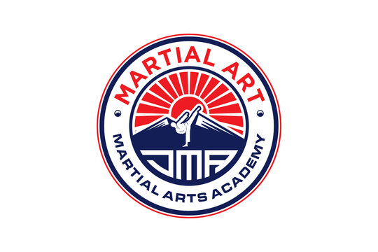 Martial art logo badge style ap chagi dollyo chagi mountain and sunset element rounded shape
