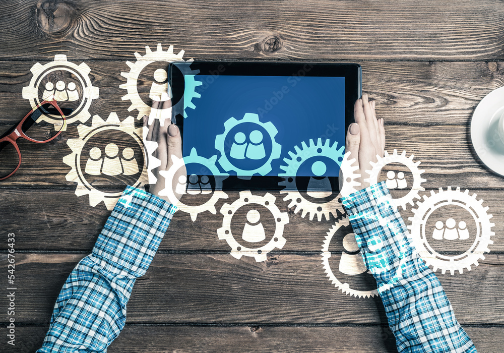 Poster concept of teamworking and connection with gears mechanism and tablet pc