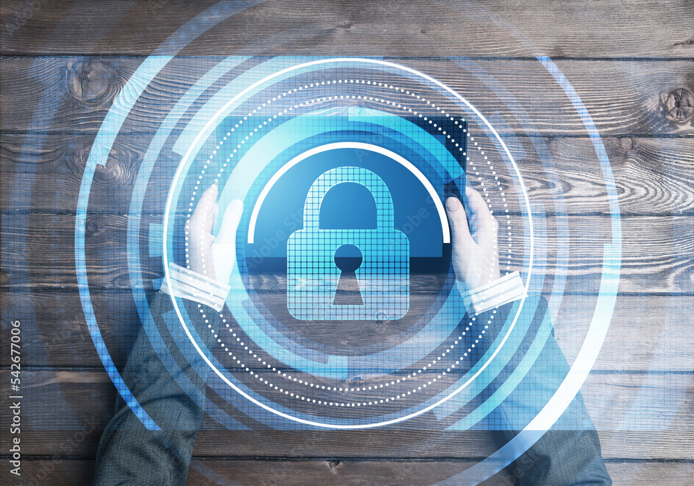 Poster concept of computer access with media lock icon on tablet screen