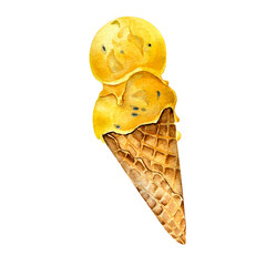 Passion fruit ice cream in waffle cone watercolor illustration isolated on white background.