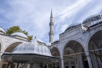 Wide angle of The Sehzade Mosque courtyard, known as Şehzade Paşa Camii, the exterior of...