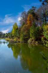Autumn Colorful Foliage Over Lake with Beautiful Woods in Red and Yellow Color. Domani&ccedil;, K&uuml;tahya - T&uuml;rkiye