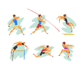 Professional Man Athlete Running, Jumping, on Barbell and Ball Throwing Vector Set